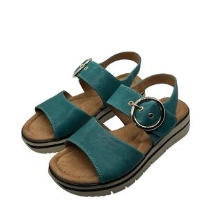 SALVIA ARLO Teal Sandals Silver Buckle Detail Low Wedge Leather Size   EU 38